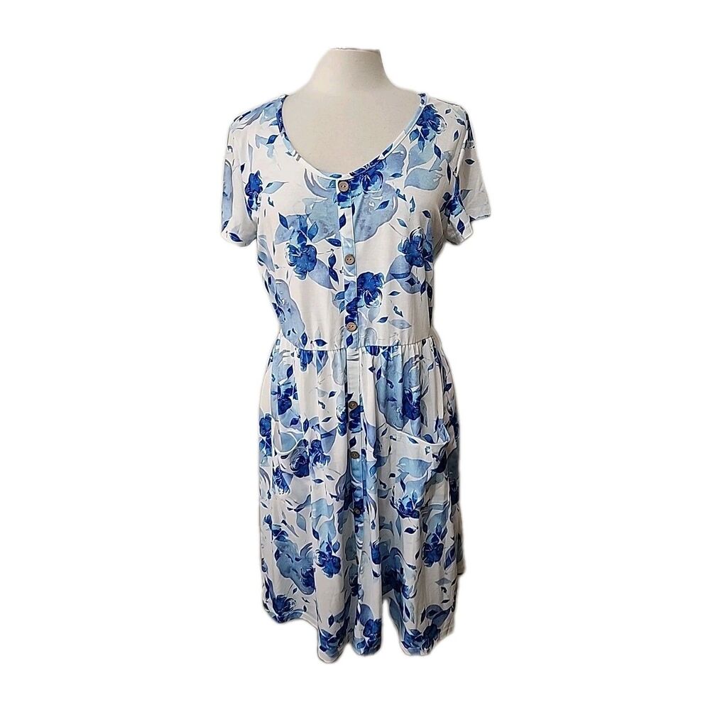 Ouges Blue White Floral Dress Womens XL Button Trim Pockets Knit Elastic Waist